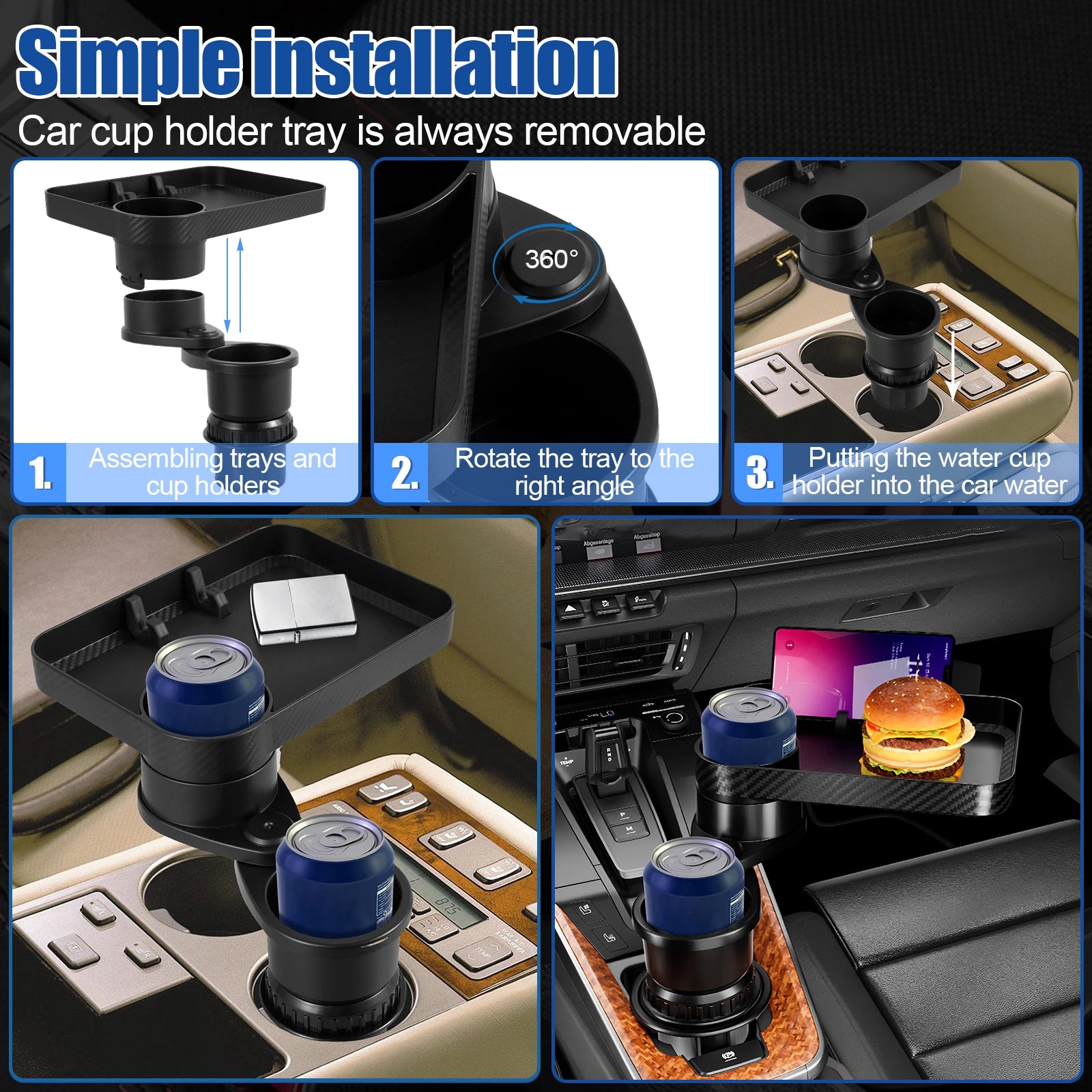 Car Cup Holder Practical Car Drink Cup Holder with 360° Rotating Tray Removable Car Drink Tray Holder Easy to Install Car Seat